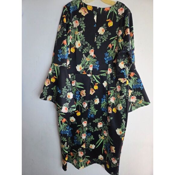 Eloquii Black w/Multicolor Floral Print Flare Sleeve Midi Cocktail Dress size 20 - Picture 2 of 9